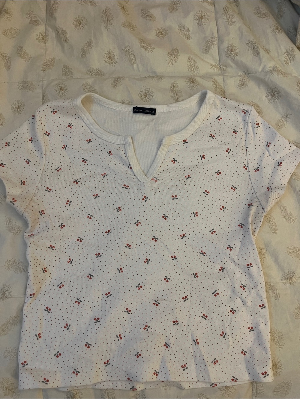 Brandy Melville White Short Sleeve Tee with Red Cherry Print